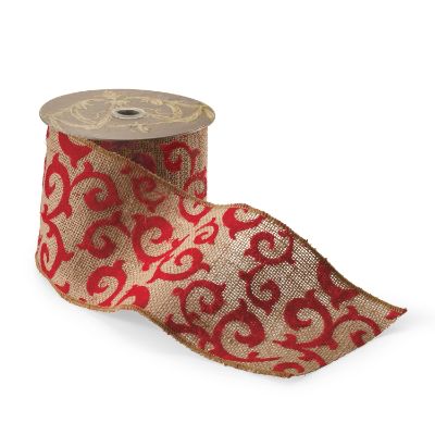 Red Flocked Swirls on Burlap Ribbon Frontgate