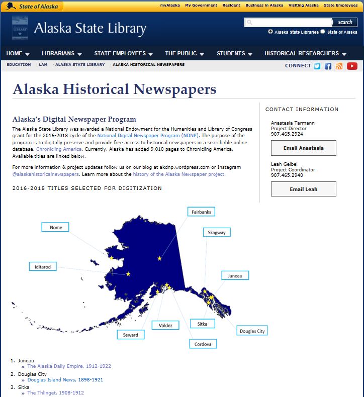 NEW WEBPAGE at the Alaska State Library Alaska's Digital Newspaper