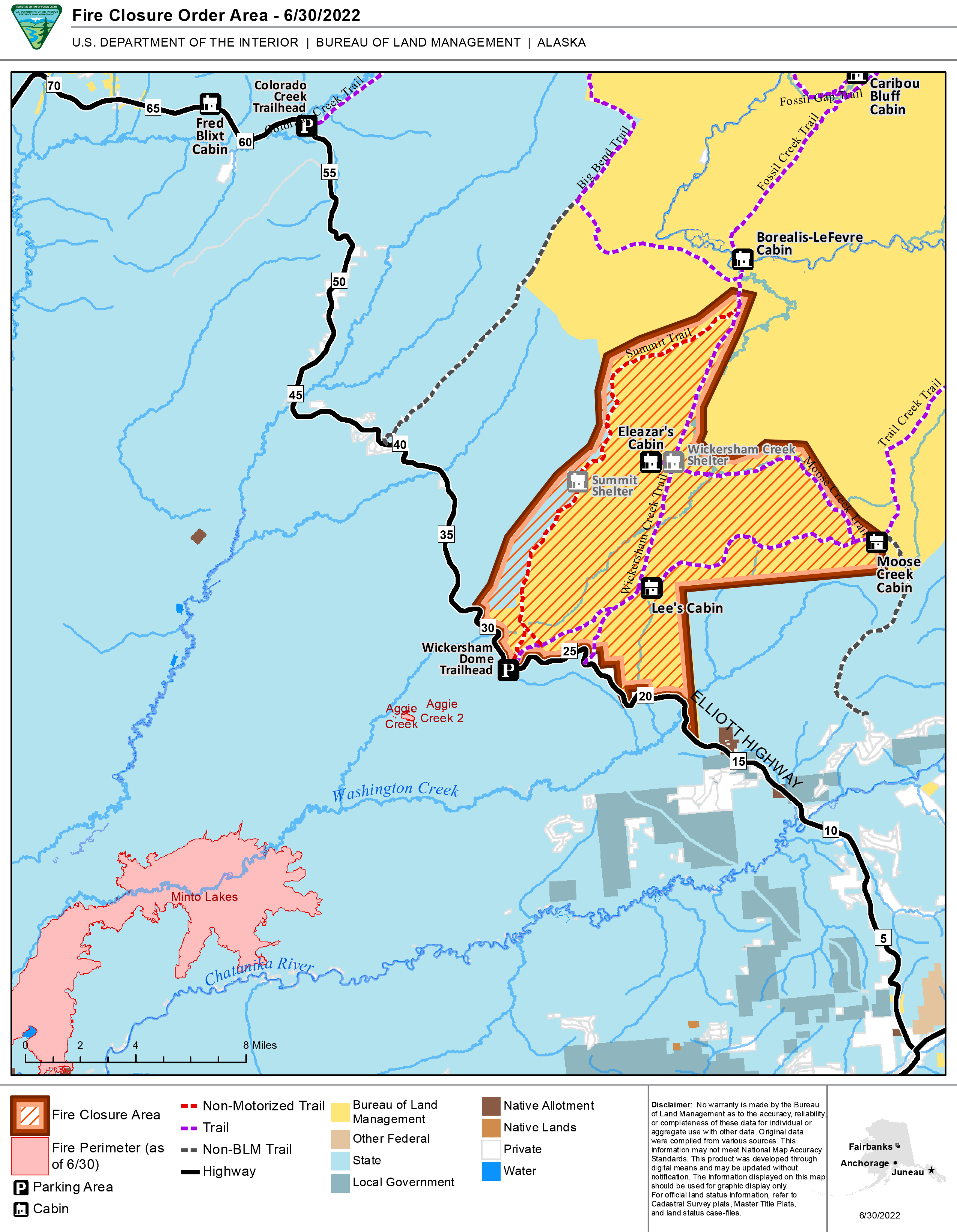 BLM temporarily closes Wickersham Dome area due to Minto Lakes Fire