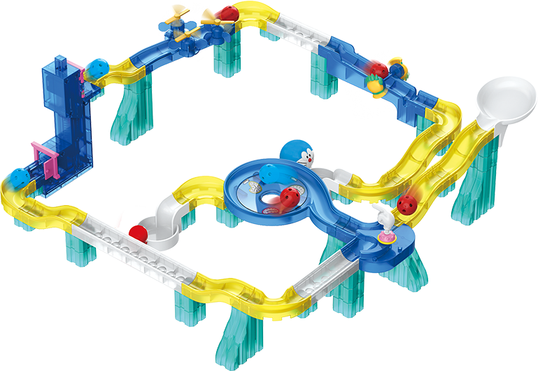 ドラえもんのピタゴラスイッチ的なおもちゃ、「ころがスイッチドラえもん」はブロック レール ひみつ道具スイッチを使って