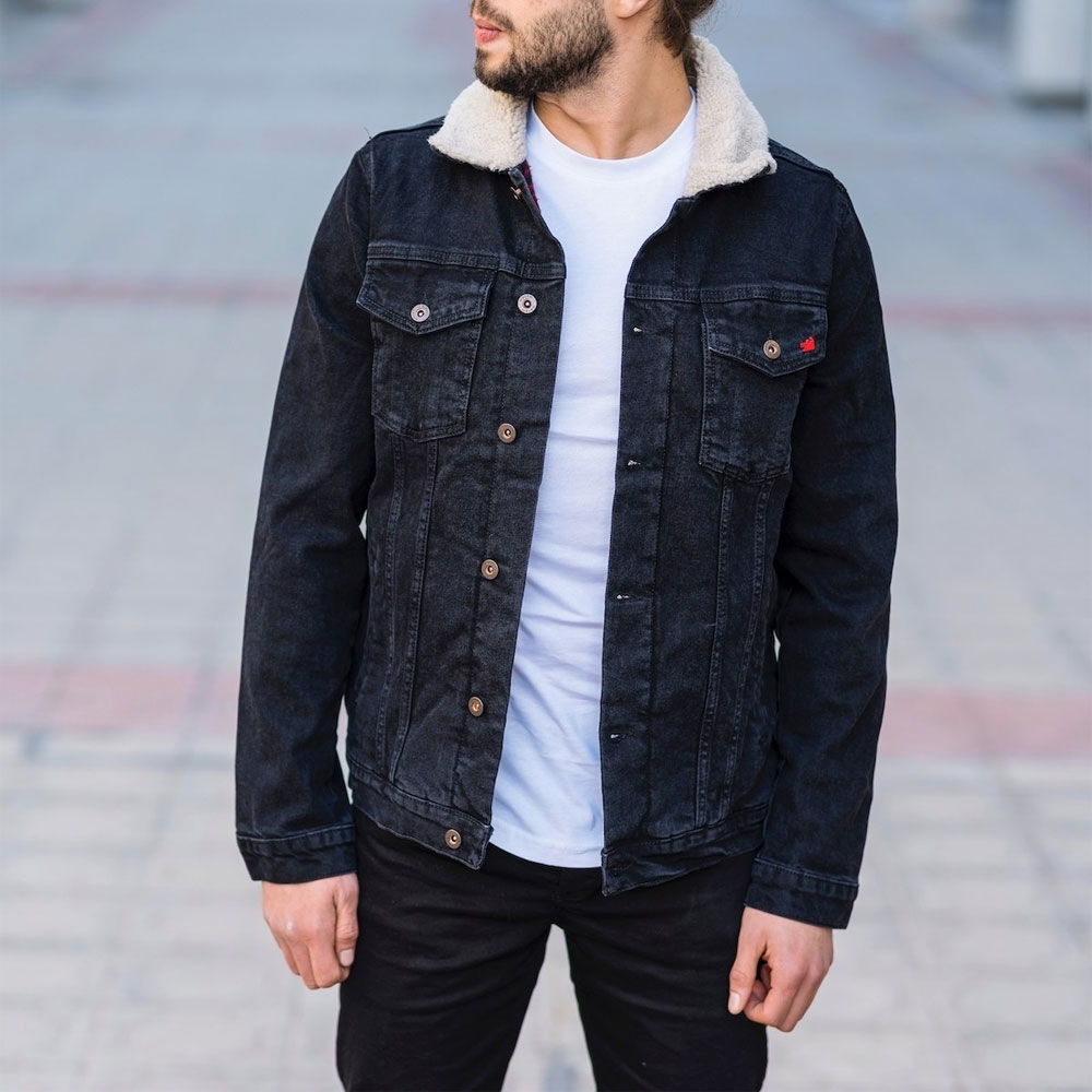 Men's Denim Jacket With Fur In Black Alamode