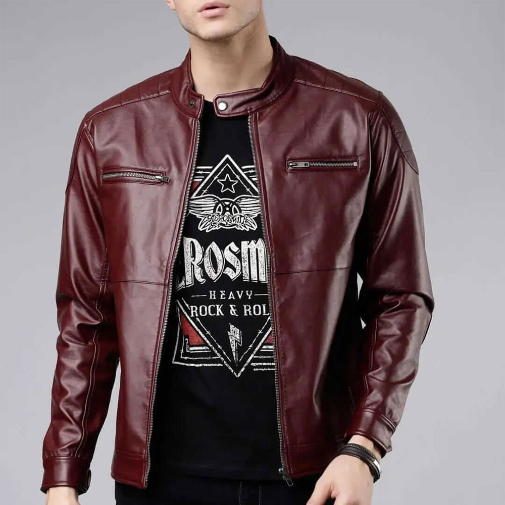 Men Burgundy Solid Leather Jacket alamode