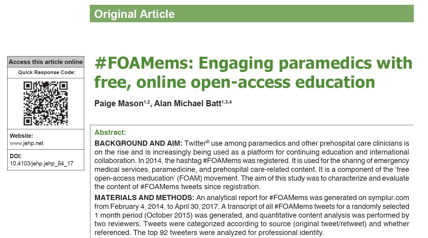 First peerreviewed publication from Fanshawe Paramedic Program! Alan