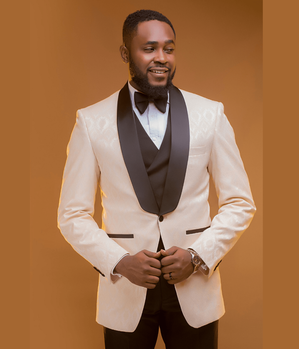 3 Piece Cream & Black Damask Pattern Suit Men's Custom Bespoke Suits