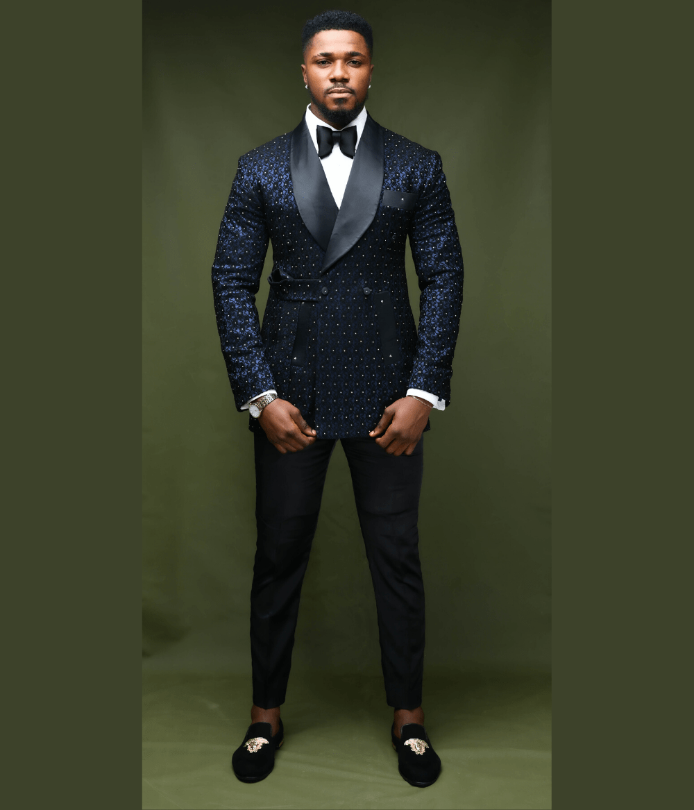 Blue Black Bedazzled Shawl Lapel Robe Suit Men's Custom Bespoke Suits