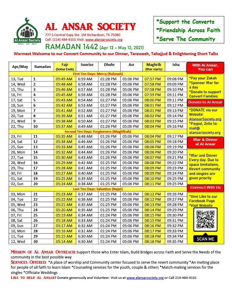 RAMADAN 2021 TIMETABLE DALLAS Al Ansar Society