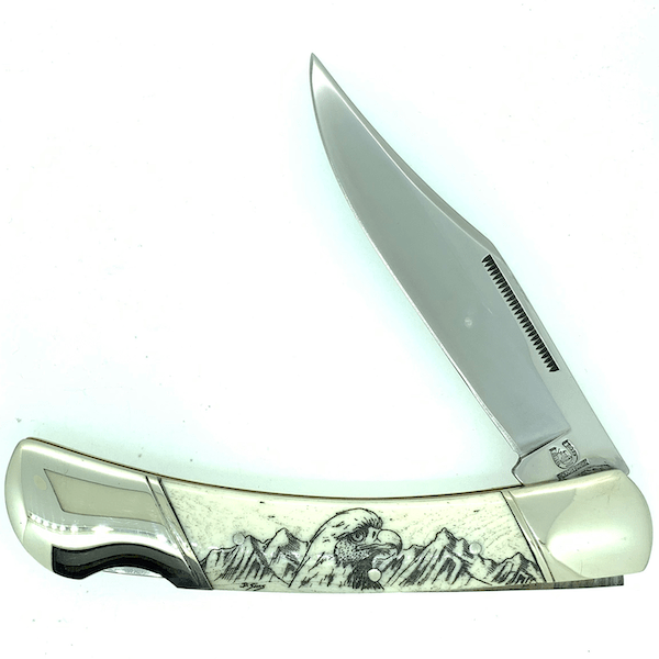 5 Inch Bone Handle Pocket Knife with Black Ink Scrimshaw Alaska Mint