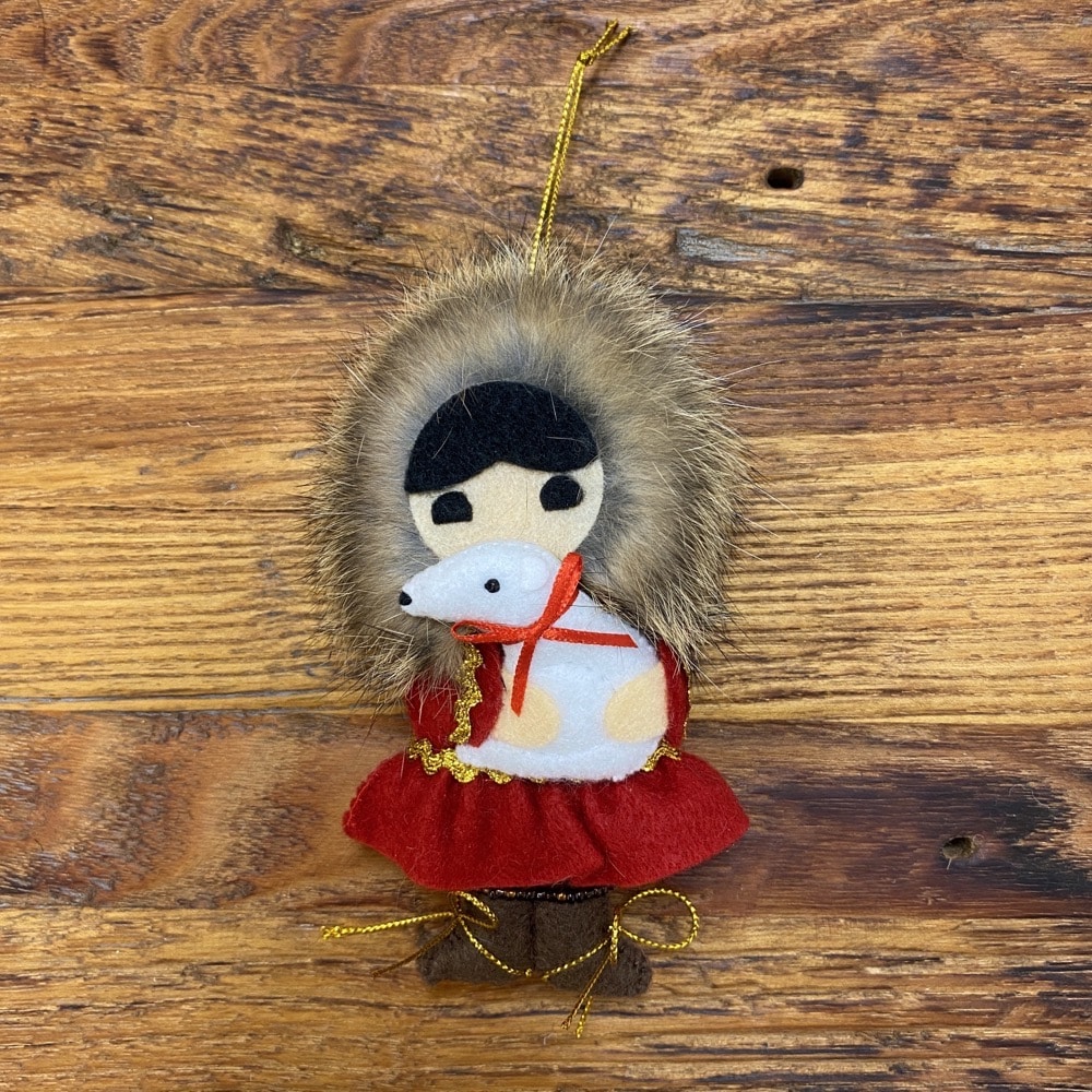 Alaskan Felt and Beaded Native Child with Bear Cub Christmas Ornament