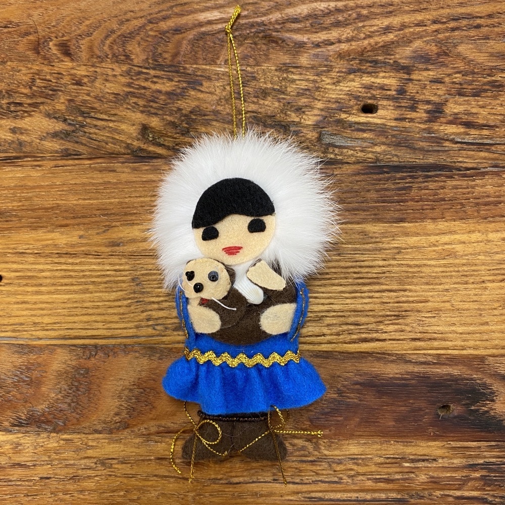 Alaskan Christmas Ornaments Alaskan Felt and Beaded Native Child with Otter Pup Christmas Ornament