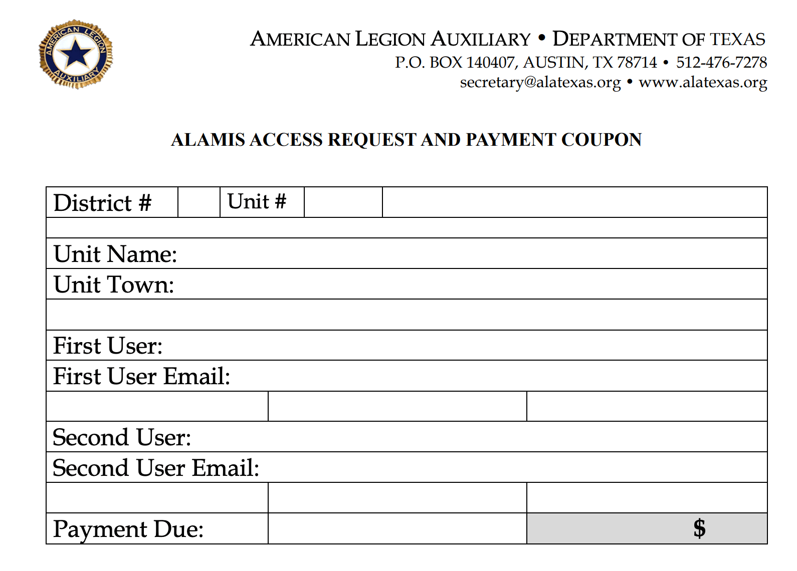 Unit Membership Forms ALA Texas