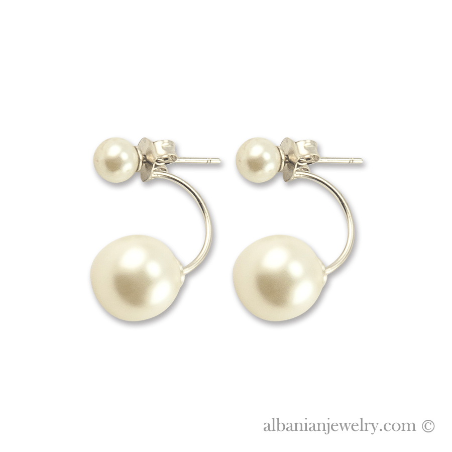 Double pearl earrings, silver with white pearls Albanian Jewlery