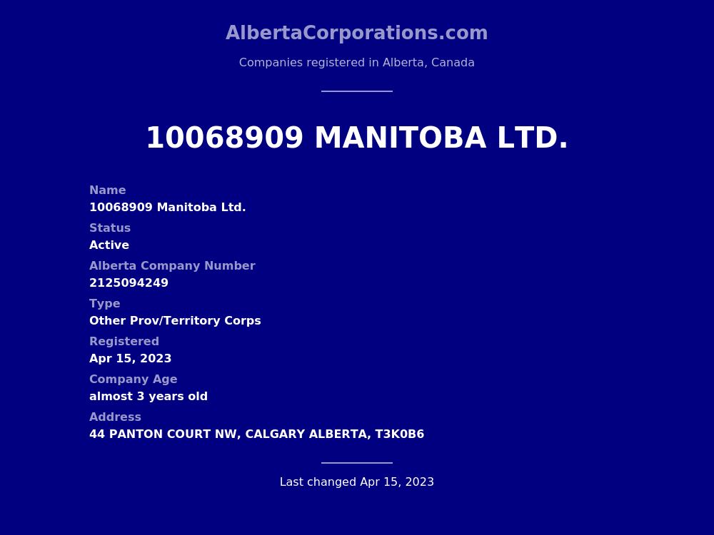 10068909 Manitoba Ltd. Calgary Alberta Corporations