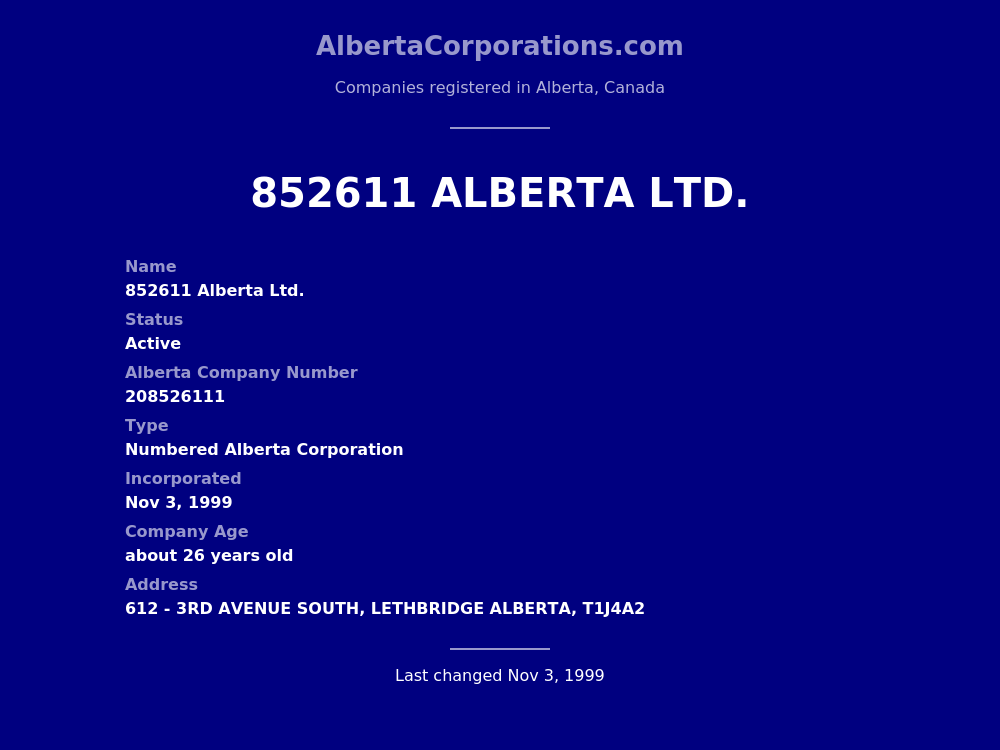 852611 Alberta Ltd. Lethbridge Alberta Corporations