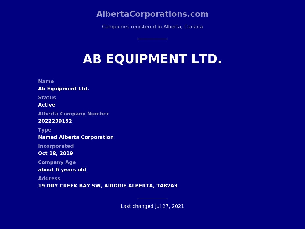 Ab Equipment Ltd. Airdrie Alberta Corporations