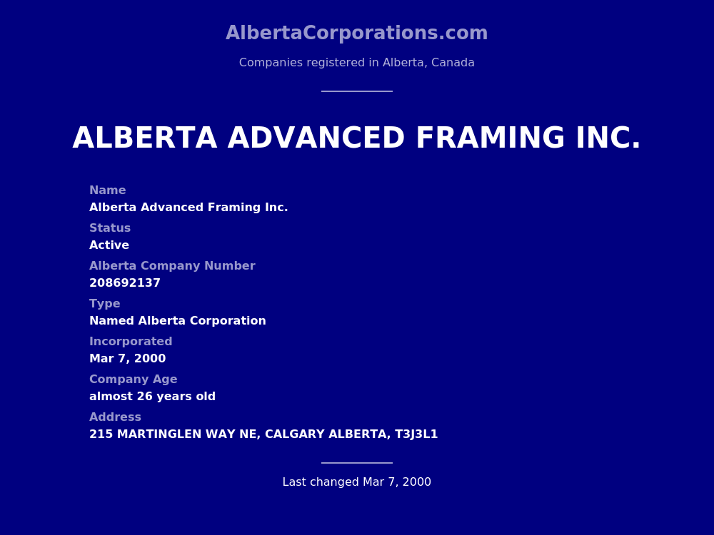 Alberta Advanced Framing Inc. Calgary Alberta Corporations