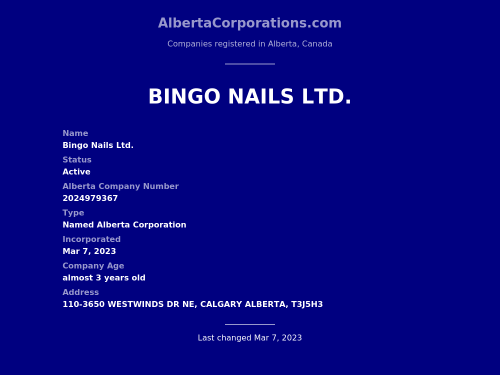 Bingo Nails Ltd. Calgary Alberta Corporations