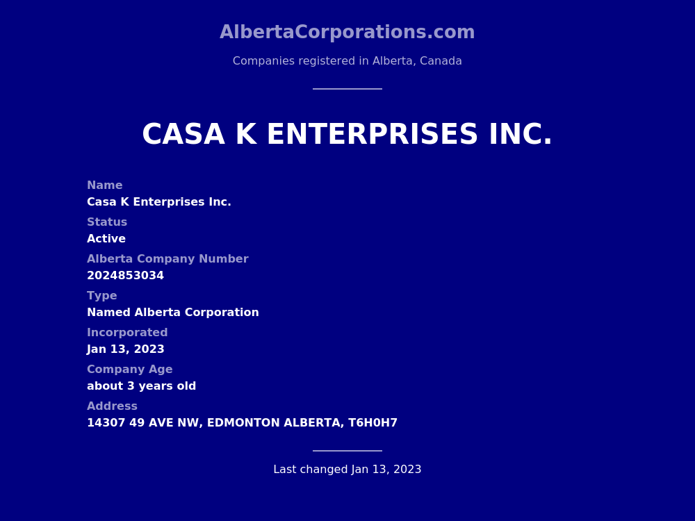 Casa K Enterprises Inc. Edmonton Alberta Corporations