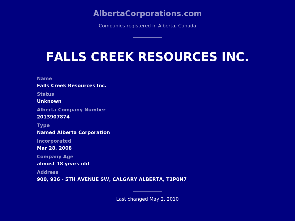 Falls Creek Resources Inc. Calgary Alberta Corporations