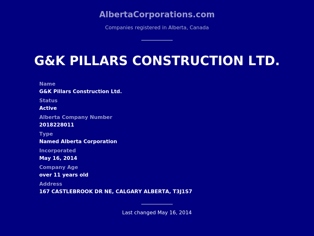 G&K Pillars Construction Ltd. Calgary Alberta Corporations