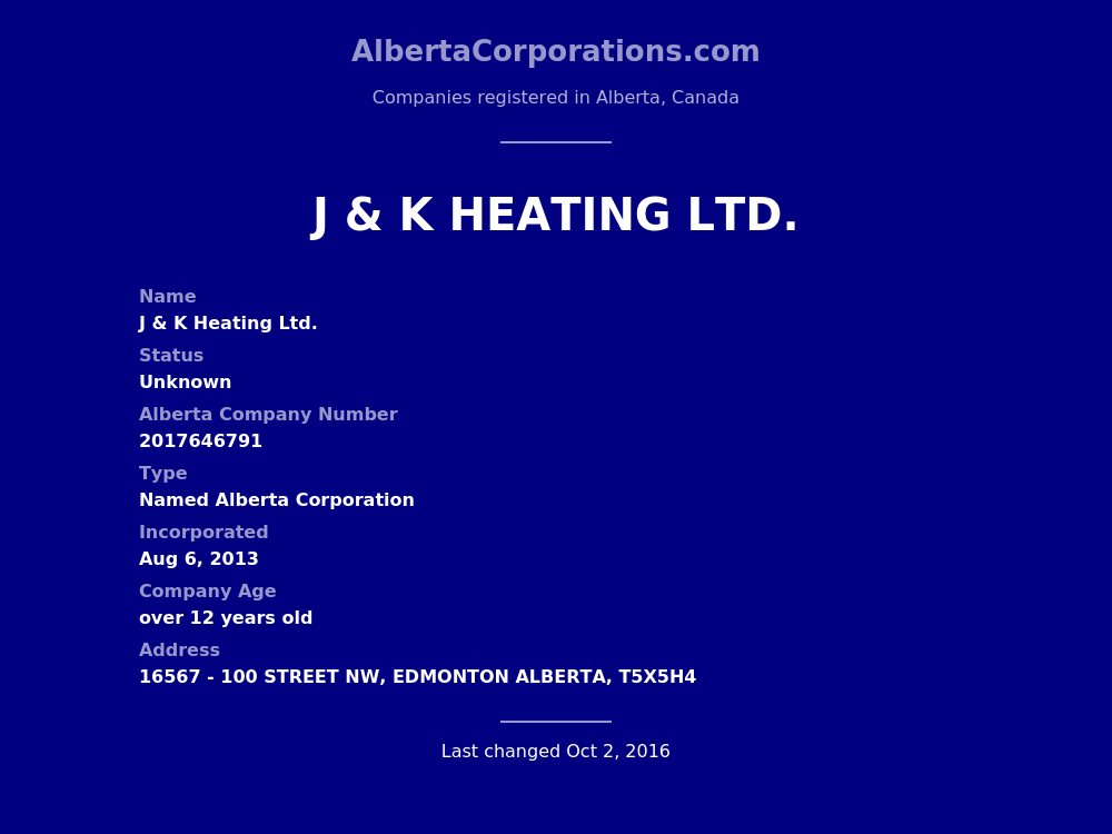 J & K Heating Ltd. Edmonton Alberta Corporations