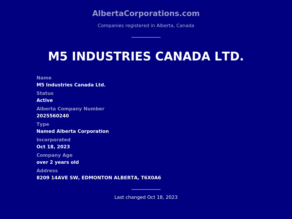 M5 Industries Canada Ltd. Edmonton Alberta Corporations