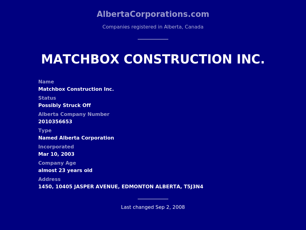 Matchbox Construction Inc. Edmonton Alberta Corporations