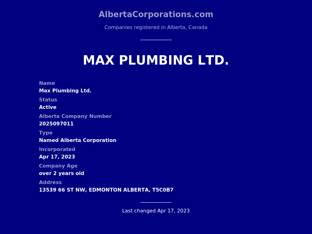 Max Plumbing Ltd. Edmonton Alberta Corporations
