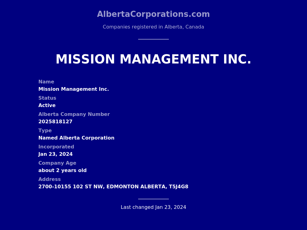 Mission Management Inc. Edmonton Alberta Corporations