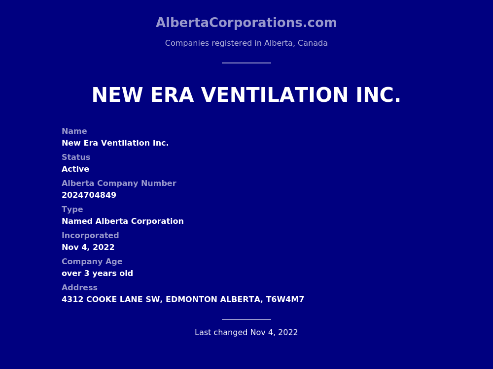 New Era Ventilation Inc. - Edmonton | Alberta Corporations
