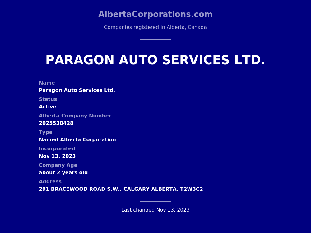 Paragon Auto Services Ltd. Calgary Alberta Corporations
