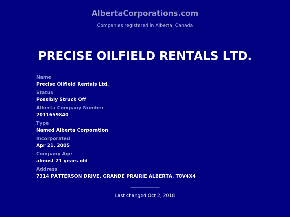 Precise Oilfield Rentals Ltd. Grande Prairie Alberta Corporations
