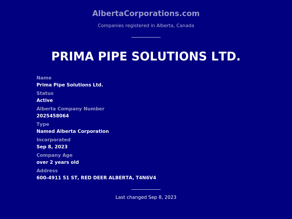 Prima Pipe Solutions Ltd. Red Deer Alberta Corporations