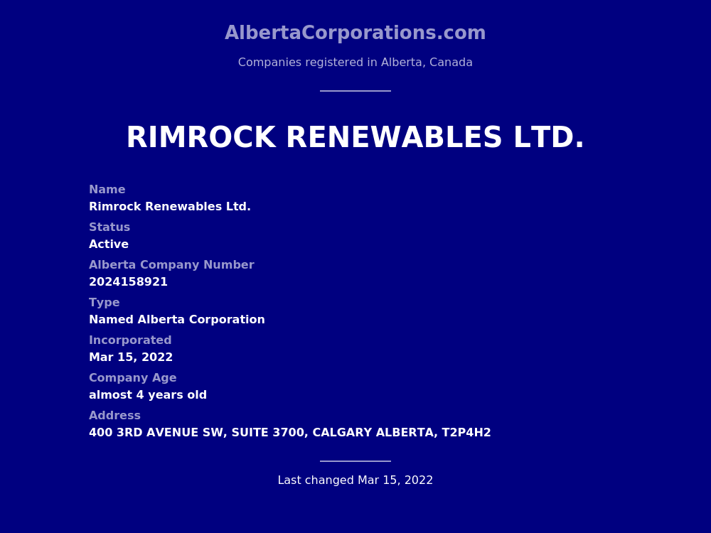 Rimrock Renewables Ltd. Calgary Alberta Corporations
