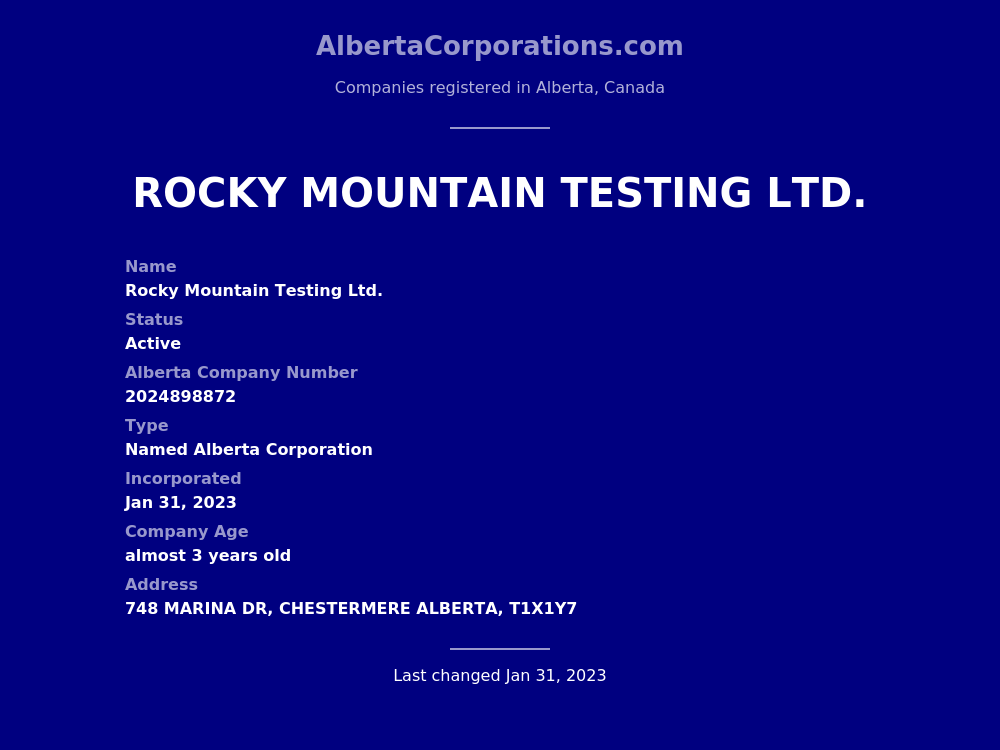 Rocky Mountain Testing Ltd. Chestermere Alberta Corporations
