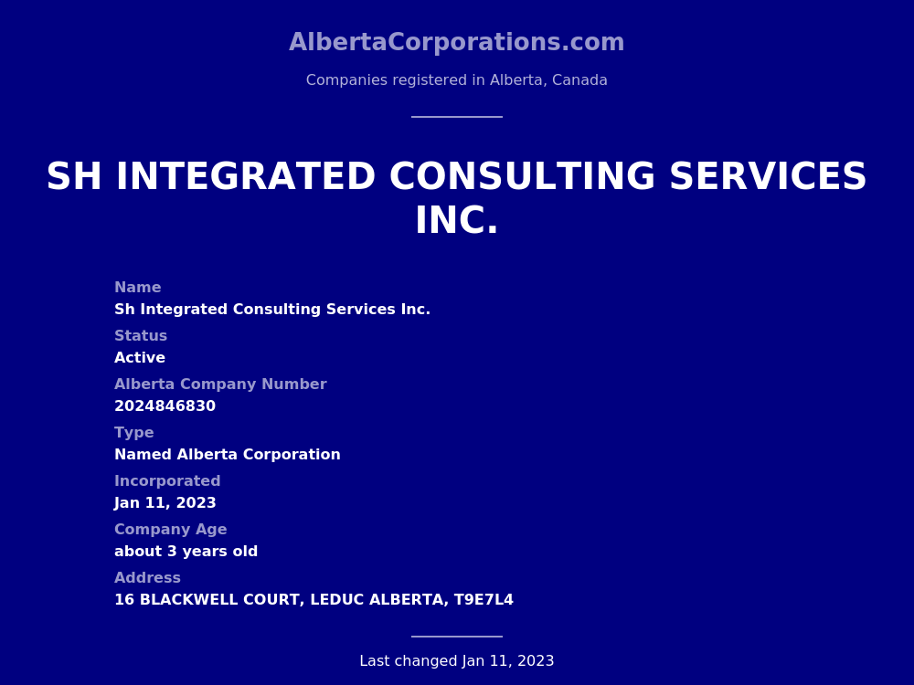Sh Integrated Consulting Services Inc. Leduc Alberta Corporations