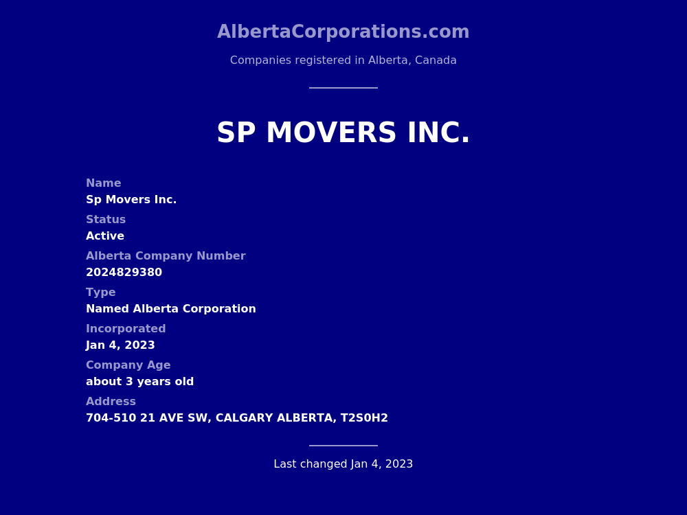 Sp Movers Inc. Calgary Alberta Corporations