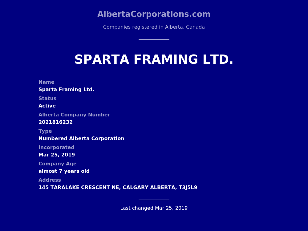 Sparta Framing Ltd. Calgary Alberta Corporations