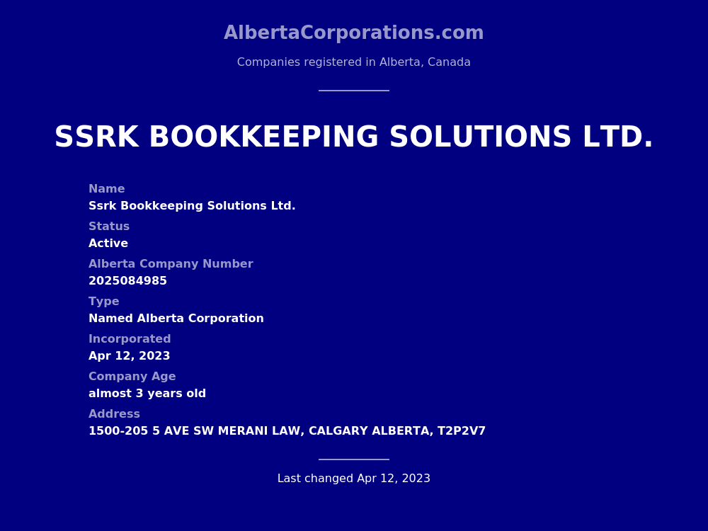 Ssrk Bookkeeping Solutions Ltd. Calgary Alberta Corporations