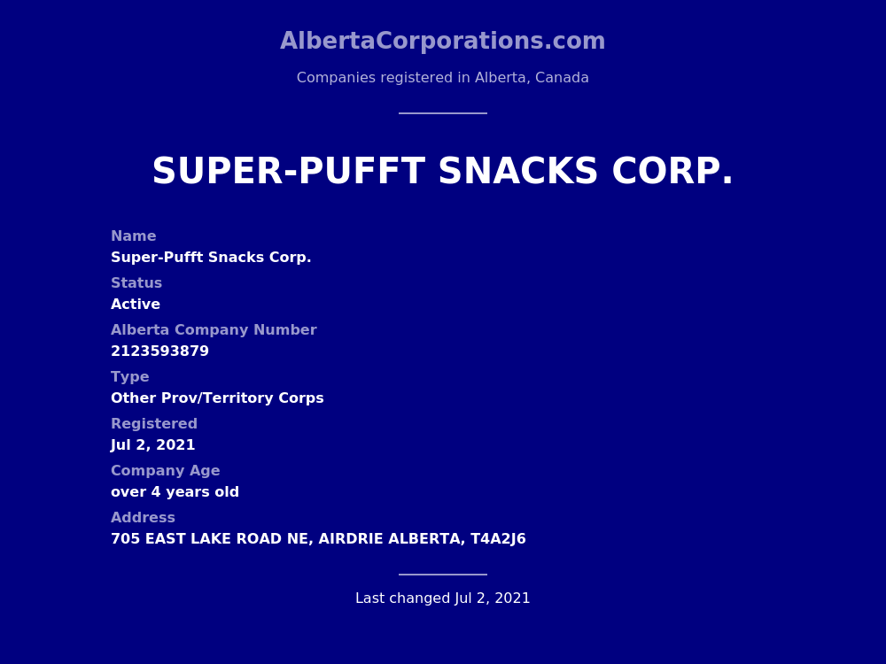 SuperPufft Snacks Corp. Airdrie Alberta Corporations
