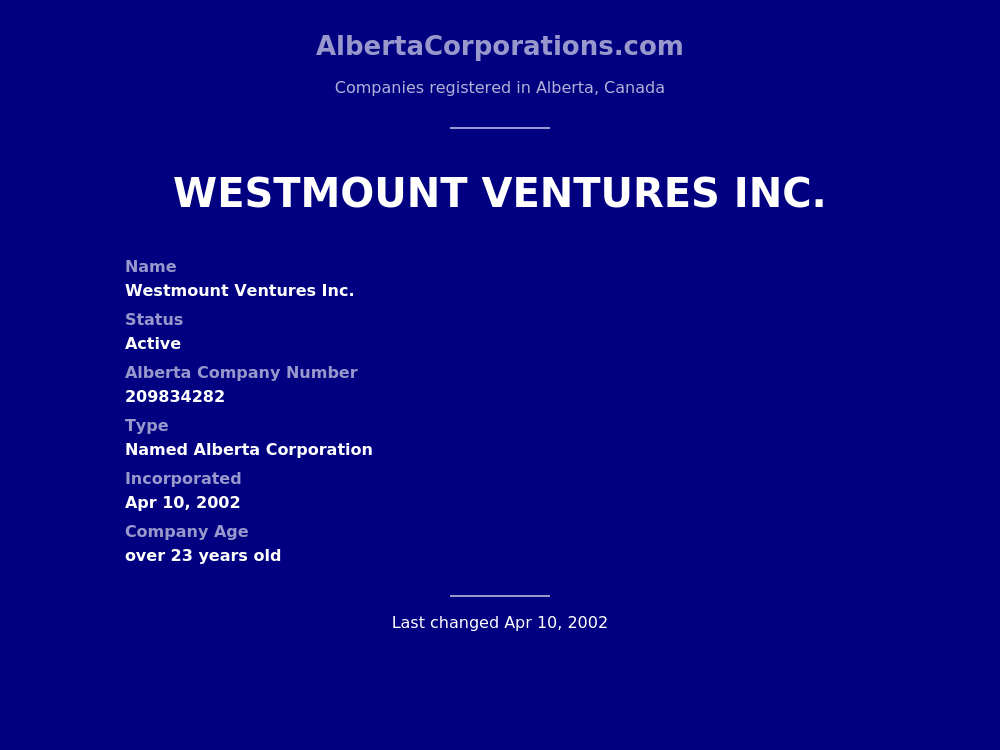 Westmount Ventures Inc. Alberta Corporations