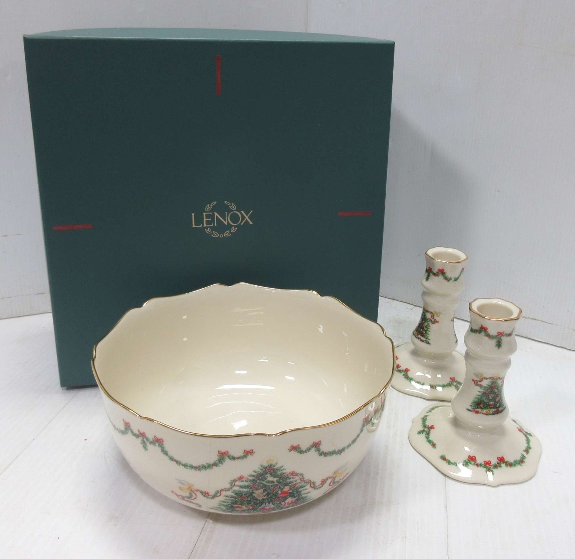 Albrecht Auctions Lenox "The Joys of Christmas" Bowl and Candle Sticks