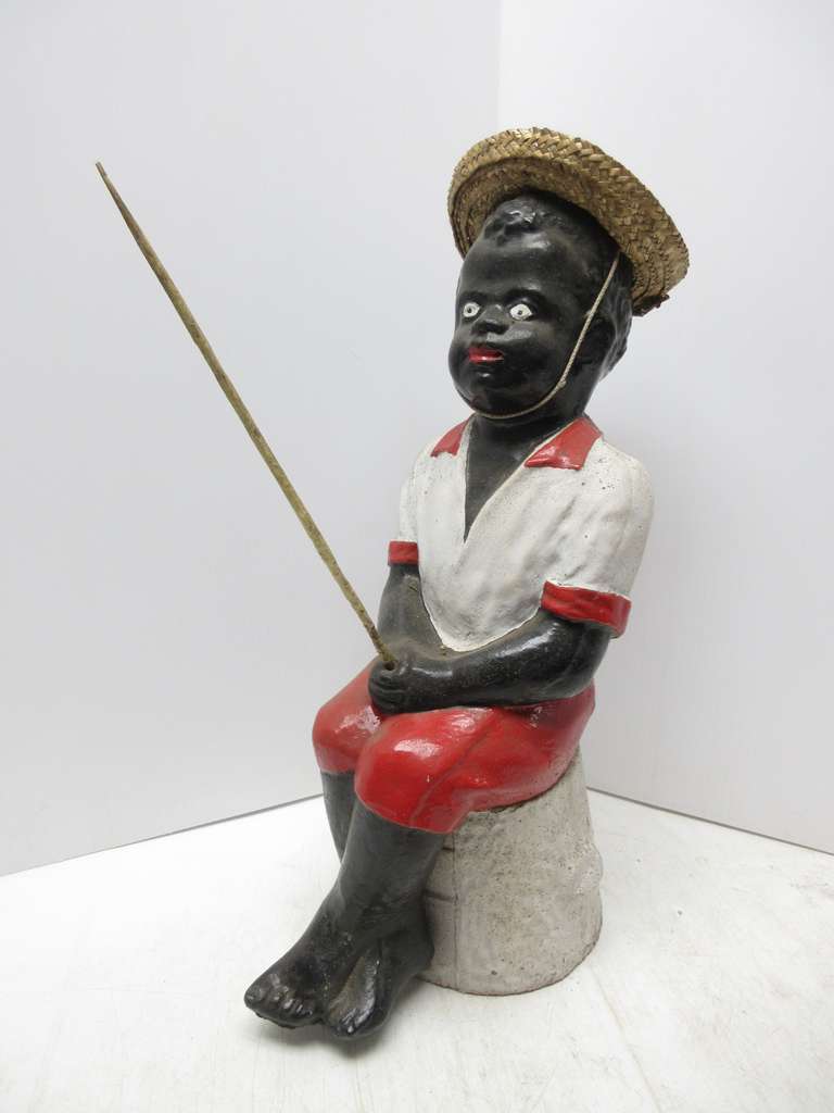Albrecht Auctions Older Black Americana Boy Fishing Concrete/Cement
