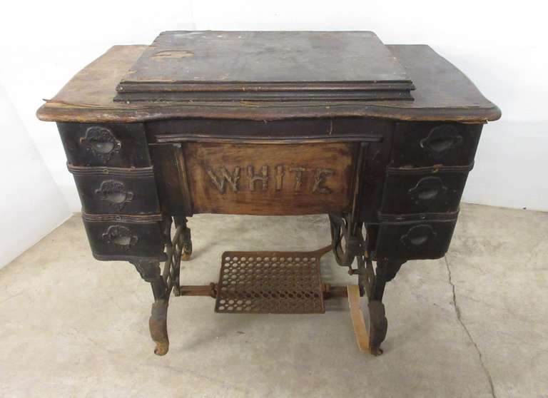 Albrecht Auctions Antique White Sewing Machine Table with Cast Iron