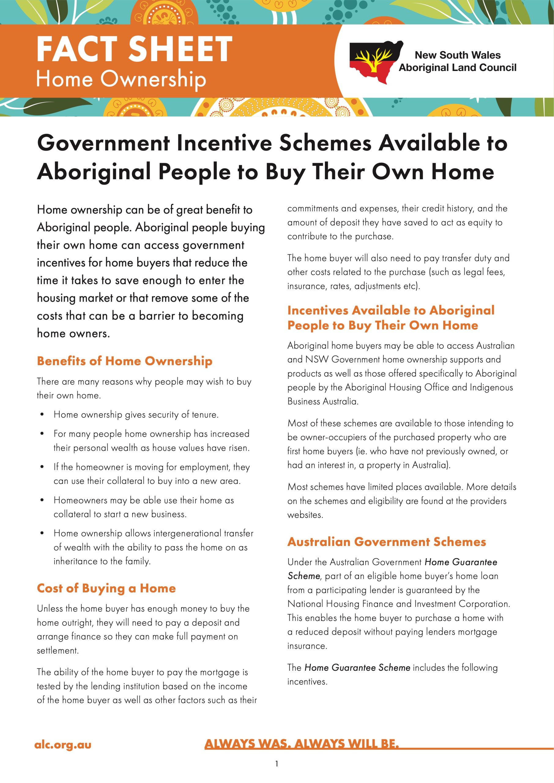 Home Ownership Government Incentive Schemes NSW Aboriginal Land Council