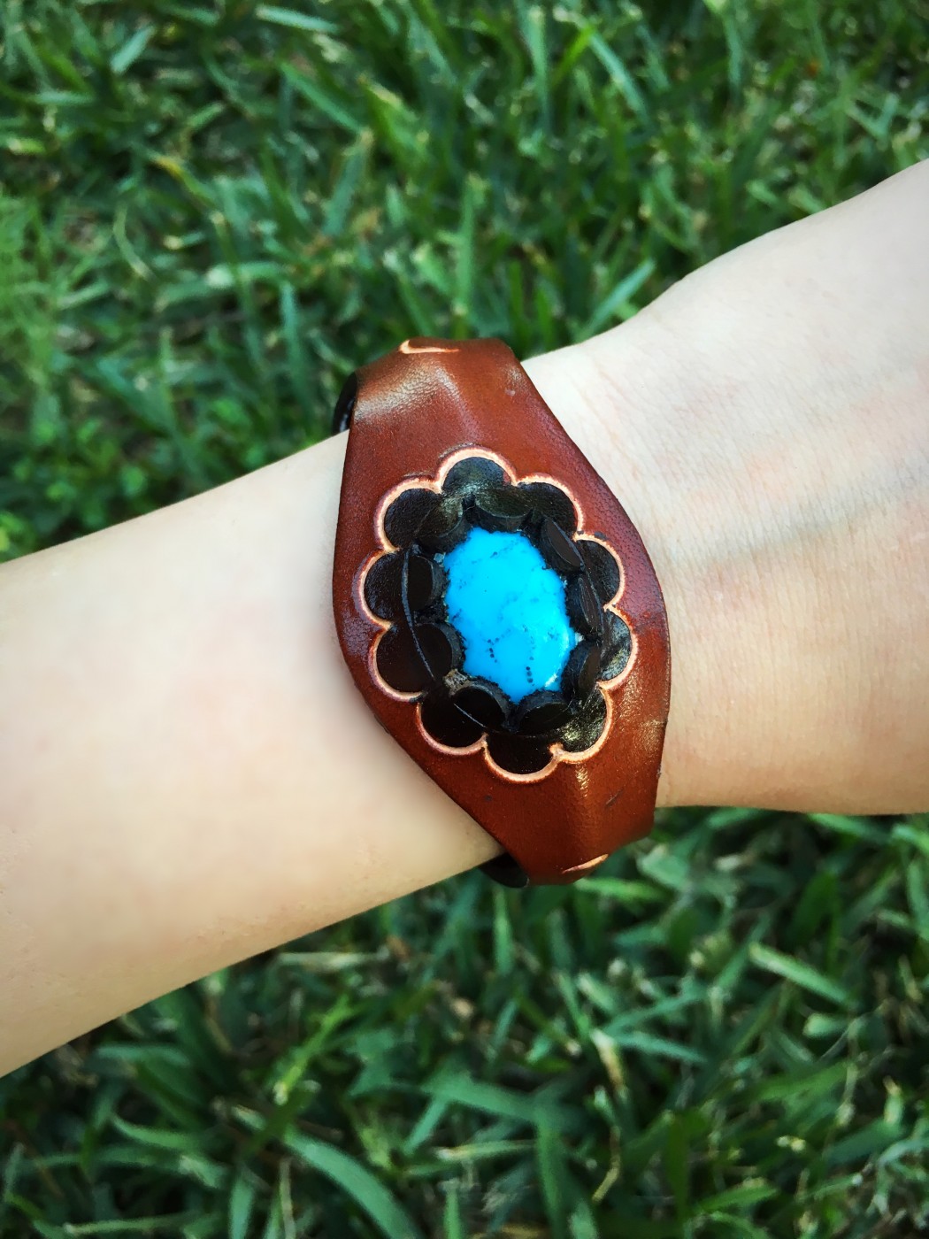 Turquoise Flower & Brown Leather Bracelet Ale Accessories