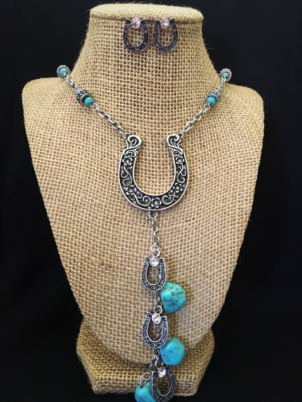 Embossed Floral Horseshoe & Charm Necklace ( Turquoise ) Ale Accessories