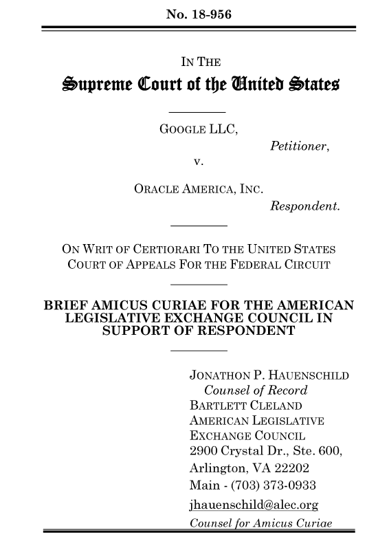 ALEC Amicus Brief in Google LLC v. Oracle America Inc. American