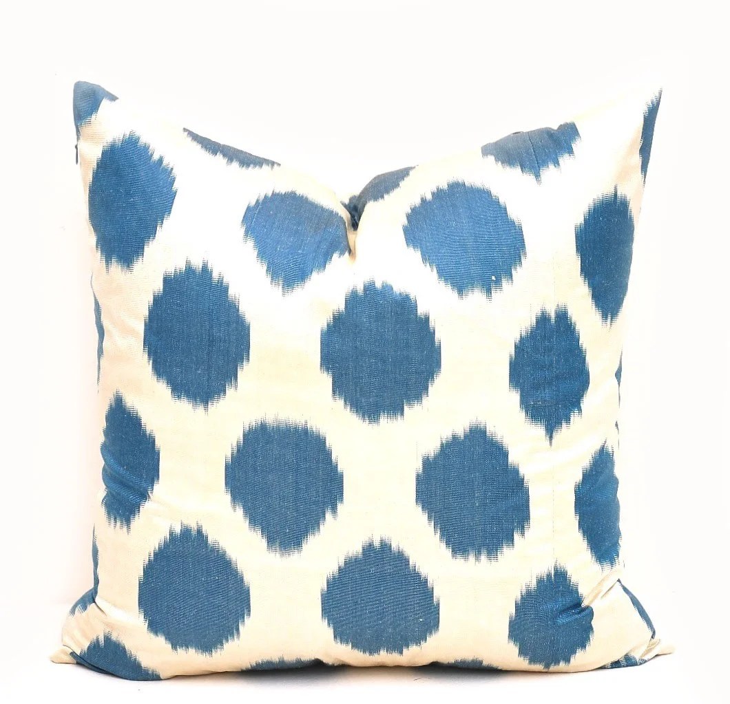 Exquisite Blue Decorative Pillow Unveiling Polka Dot Ikat Splendor!