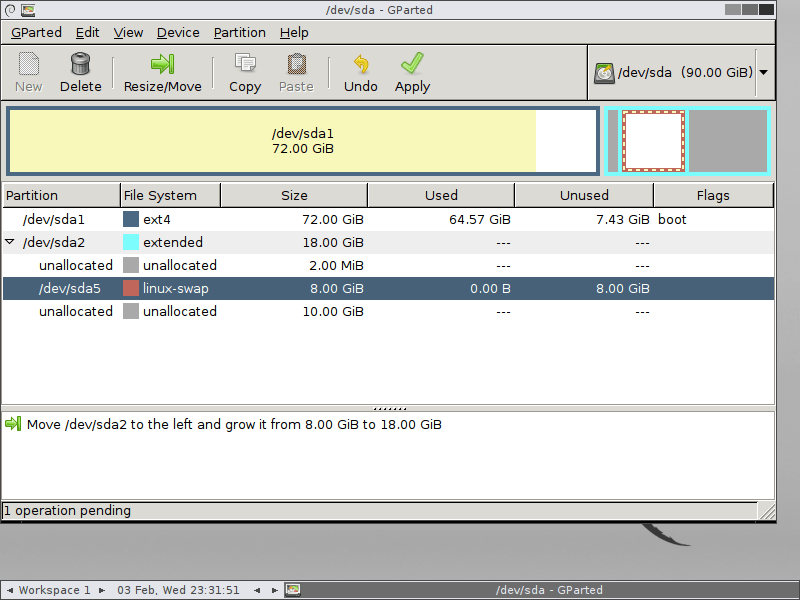 Resizing a VMware Workstation VM partition using GParted get the swap partition out of my way