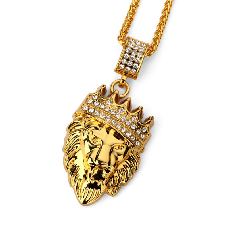 Hip Hop Fashion Gold Chain King Crown Lion Head Pendant Necklace for